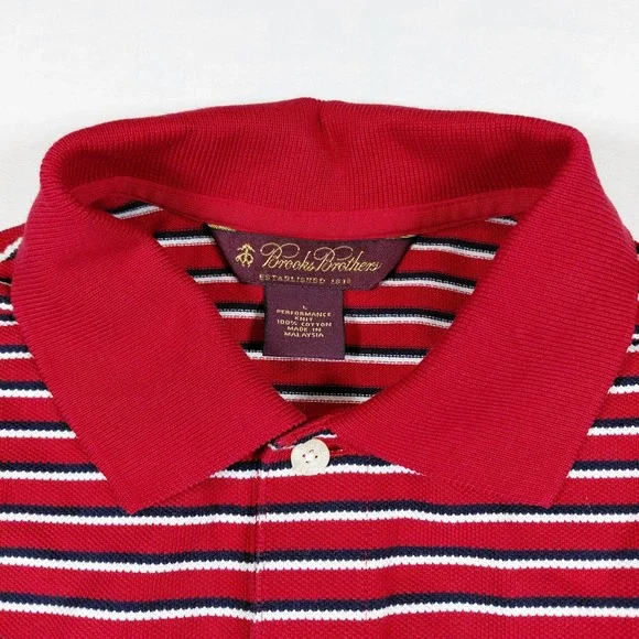 Brooks Brothers Mens Large Red White Blue Striped Performance Knit Polo Shirt - Picture 3 of 10